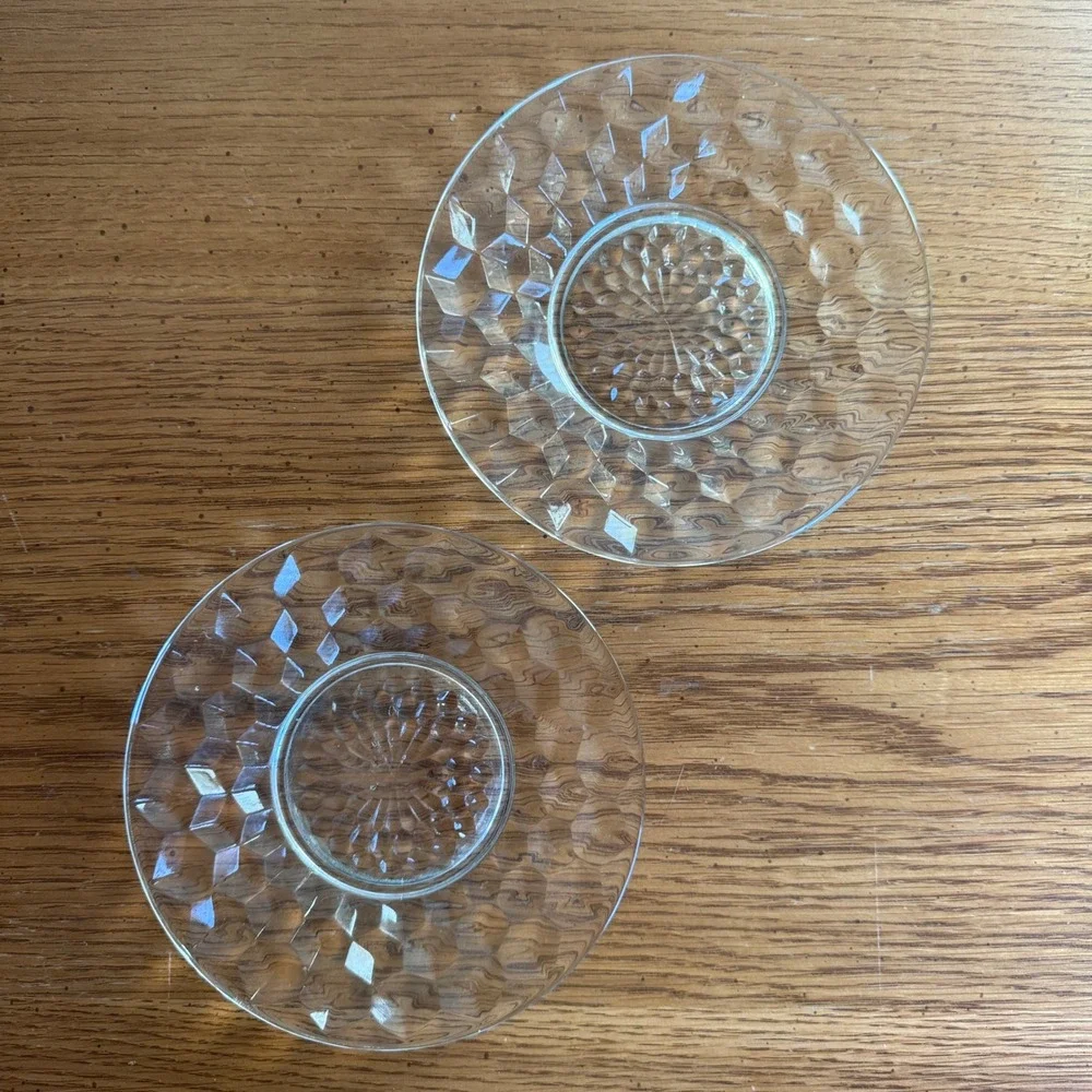 Vintage‎ Clear Glass Diamond Cut Saucers Set of 2 Small Dessert Plates